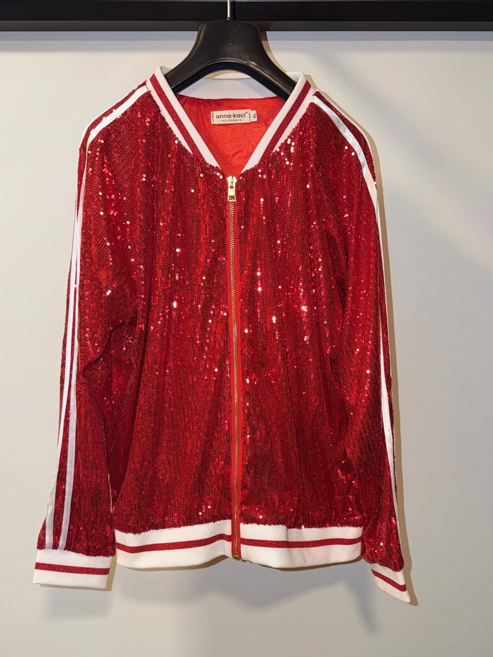 Anna-Kaci Red Sequin Varsity Bomber Jacket
